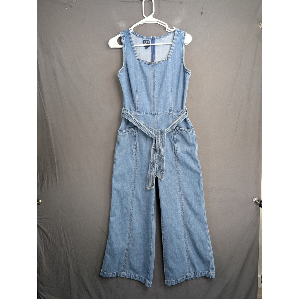 GAP Denim Blue Sleeveless Square Neck Belted Wide Leg Jumpsuit Size 8